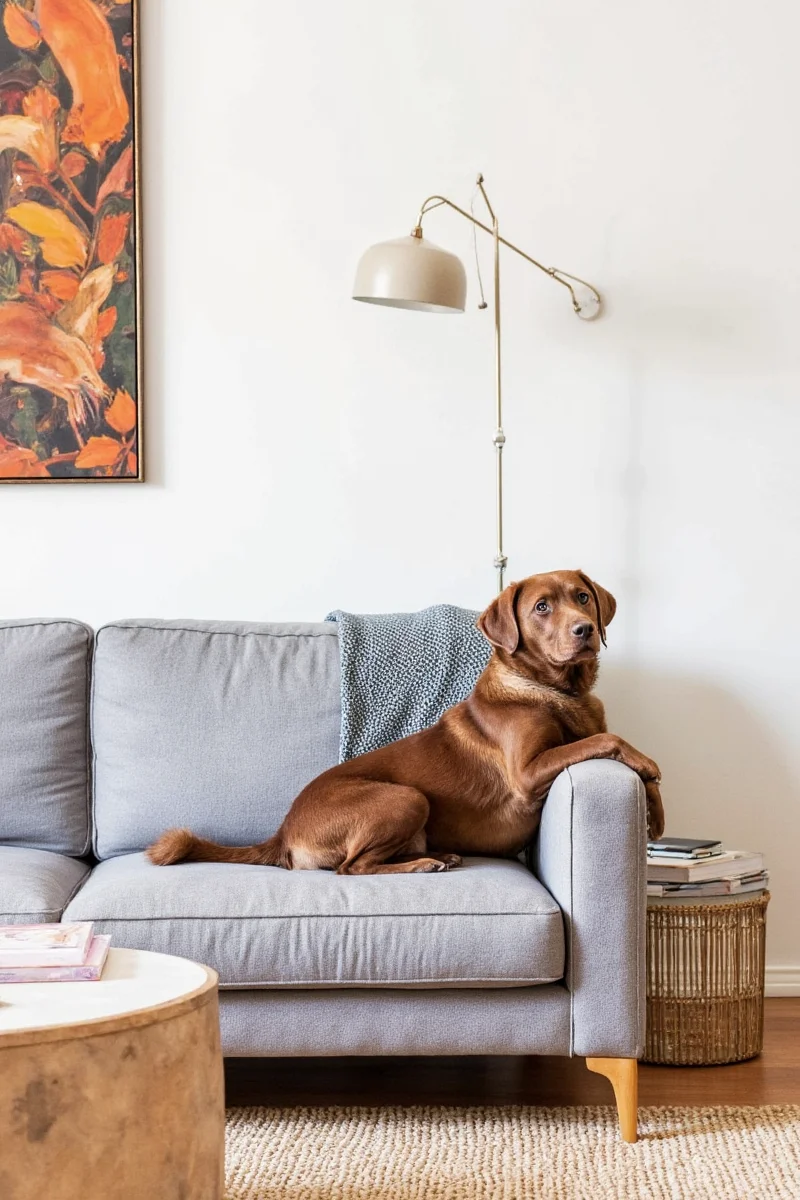 Zinus Green Tea Memory Foam Sofa in dark charcoal with a boxer sitting next to it in a casual studio apartment setting.
