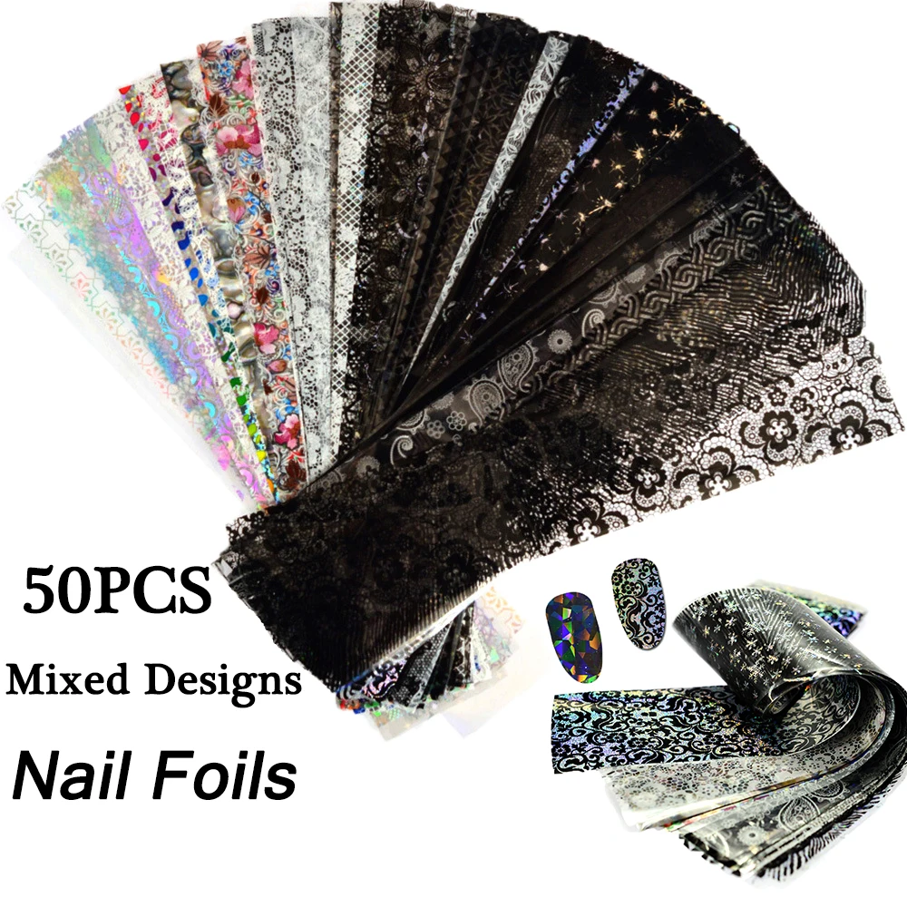 

50pcs Laser Starry Sky Foils Mixed Designs Art Water Transfer Stickers Holographic Paper Decals Manicure Nail Decor