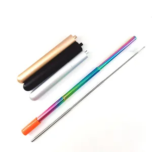 Image of custom logo high quality rainbow collapsible straws stainless steel foldable straws