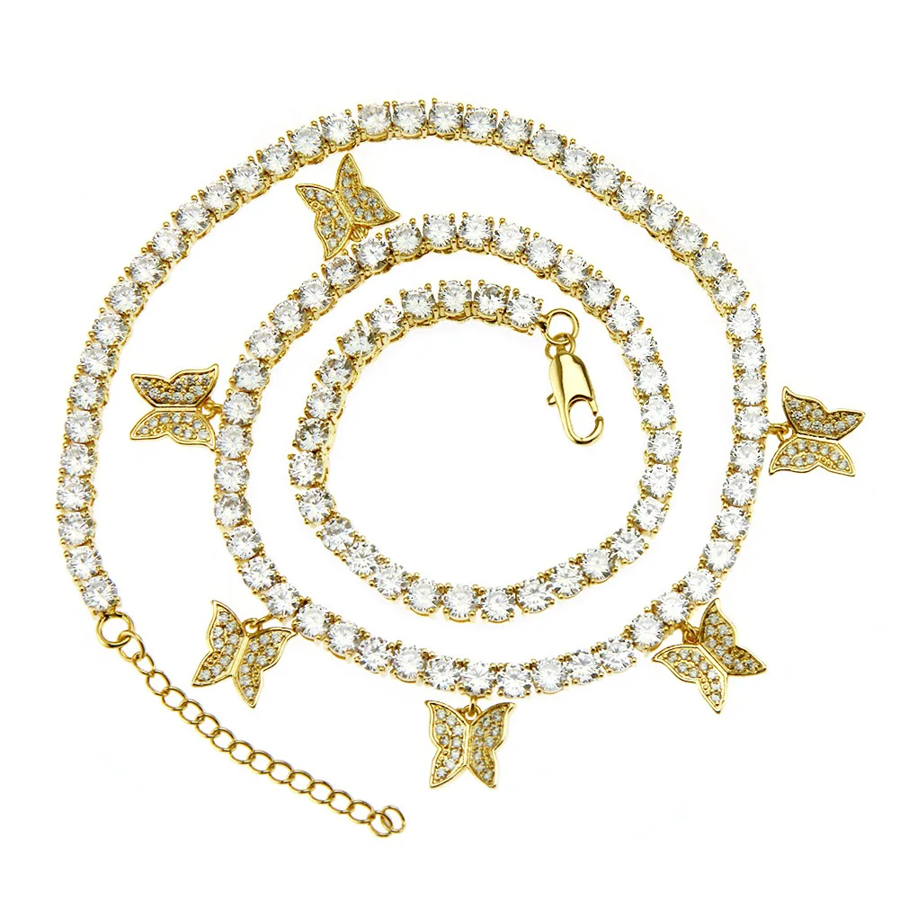 

Fashion Iced Out Bling Butterfly Choker Pendant Necklace Gold Silver Color with Tennis Chain Hip Hop Jewelry for Men Women, Gold,silver,rose gold
