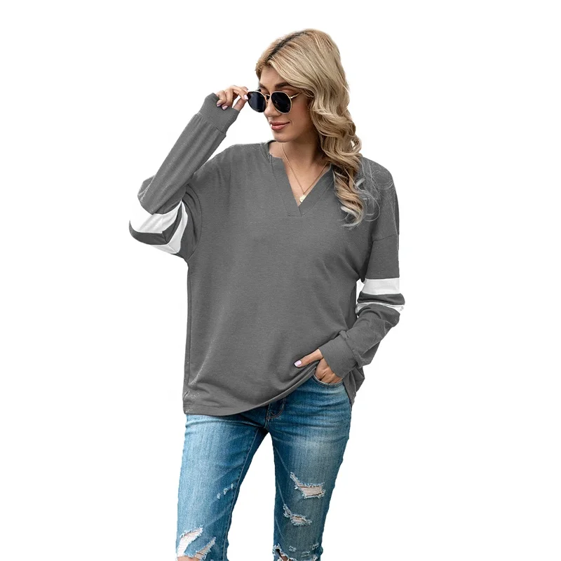 

Women New Casual Full Sleeve Patchwork Top Long Sleeve V Neck T Shirts, 2 colors