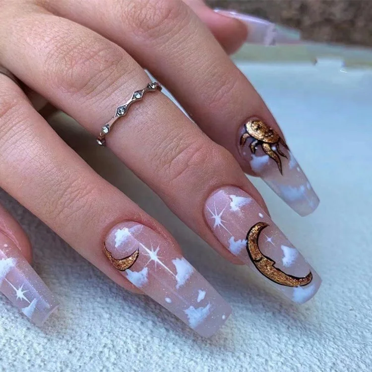 

24 Pcs Fitness New Fashion Finger Decorated Moon Sun Long False Nails, As pic