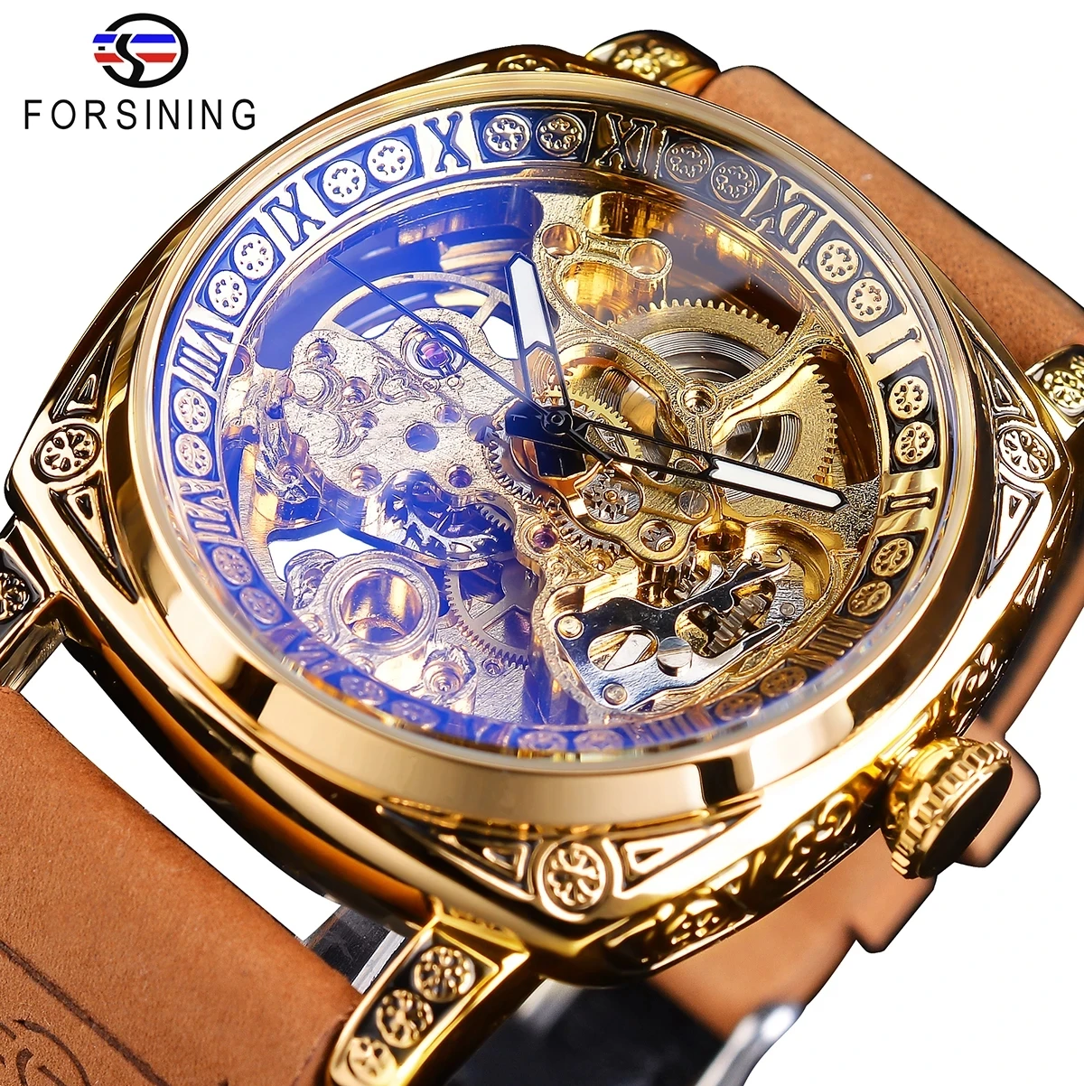 2022 Forsining Men Retro Luxury Automatic Mechanical Self Wind Transparent Skeleton Tourbillon Genuine Leather Waterproof Watch