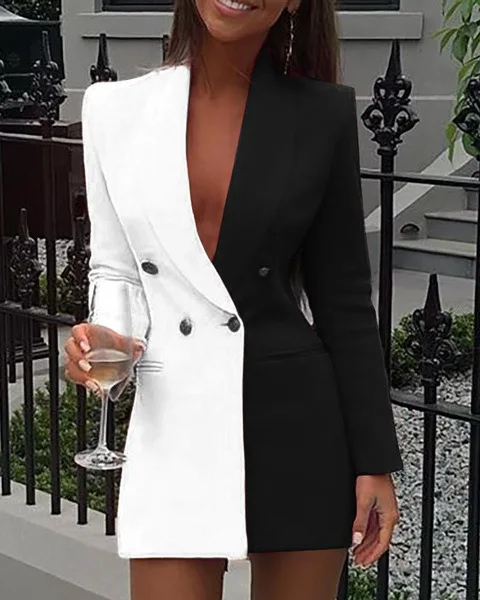 

Fall 2021 New Trending Hot sale Long Sleeves Contrast Color Office Women Suits Mini Dress For Business Casual Blazer Dress, 3 colors