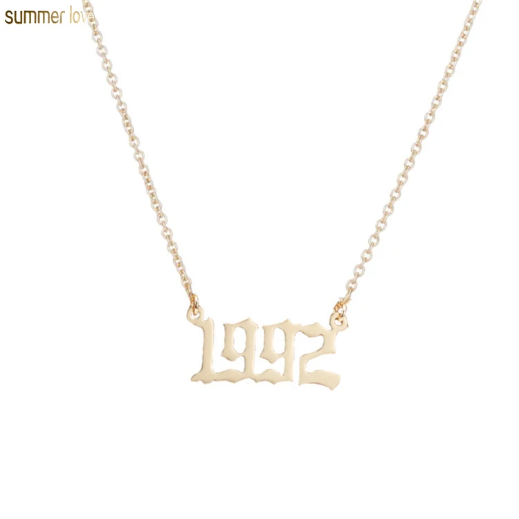 

2019 Vintage Gold Arabic Initial Letter Year Number Pendant Women Men Stainless Steel Necklace Birthday Gifts, Gold, silver