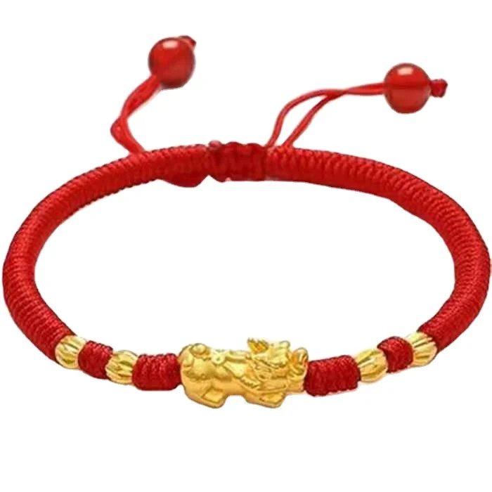 

Vietnam Shajin Pixiu Bracelet Gold Jewelry Benming Year Couple Gift Red Rope Braided Gold Beads Red Rope Bracelet