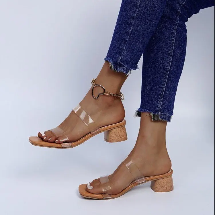 

Picnic women slides slippers chunky heels double clear perspex strap lady mules square peep toe summer female sandals