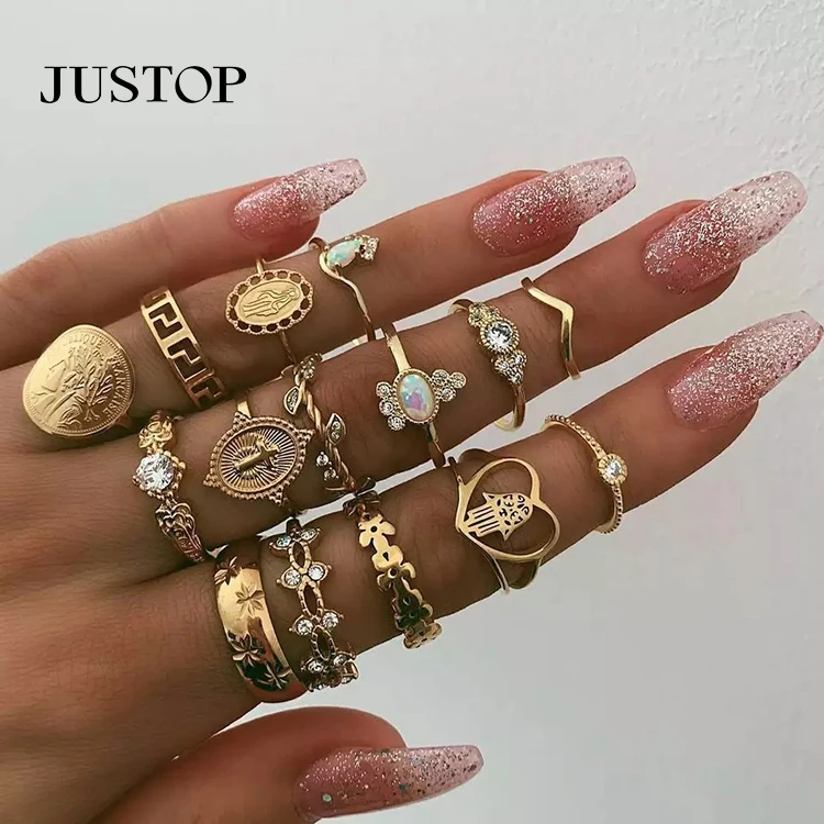 

JUSTOP 2022 Trendy 15 Pieces/set Rings Opal Rhinestone for Women for Female Customized Alloy BSCI Fashion Rings Rings Unisex