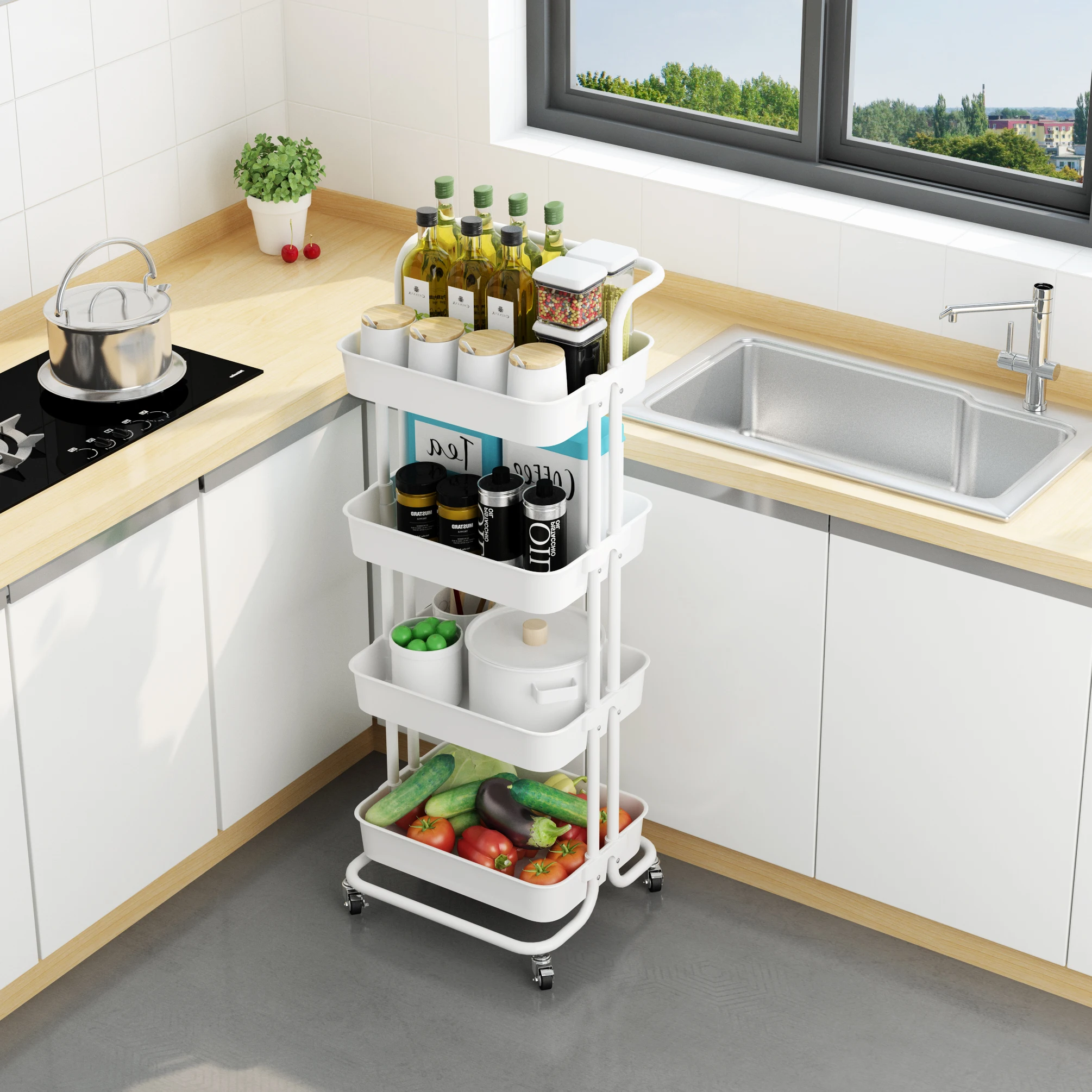 

Factory Direct Sales 4 Tiers Kitchen White Storage Rack Trolley