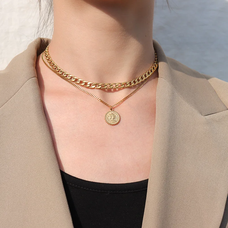 

18K Gold Plated Design Unique Cuban Chain With The Queen Coin Pendant Double Ladies Chain, Color for choice