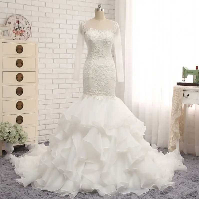 Long Sleeve Beaded Lace Mermaid Wedding Dresses 2018 Real Photo Organza Ruffles Bridal Gowns