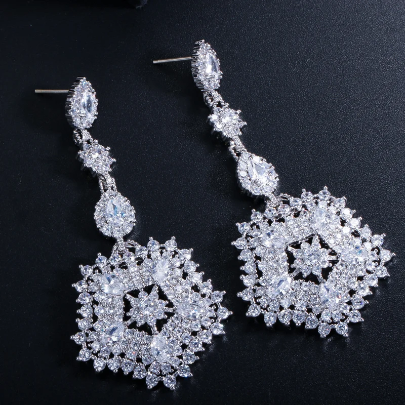 

Cubic Zirconia Long Big Drop Earrings High Quality Austrian Flower Earring