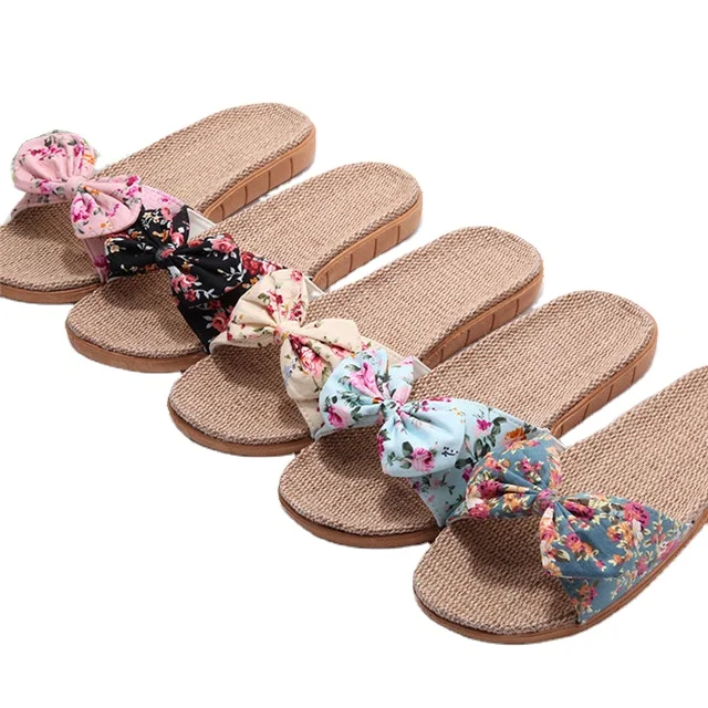 

Hot seller linen cotton slippers cheap and nice Floral Summer slippers on the beach, As shown in figure