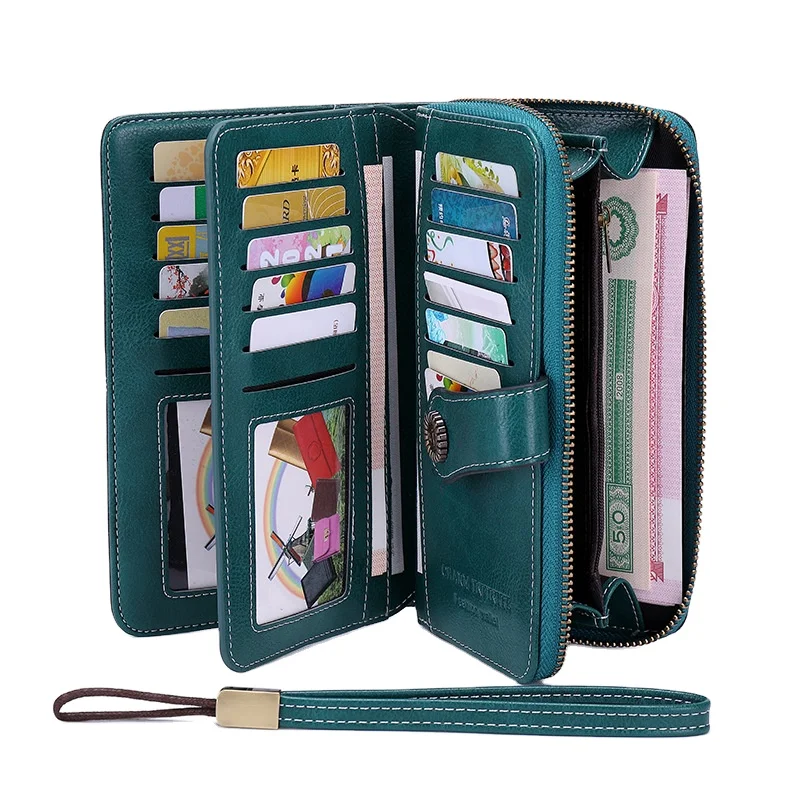 

New Style RFID Blocking Large Capacity Lady Long Clutch Purse Leather Women Wallet with wrist strap