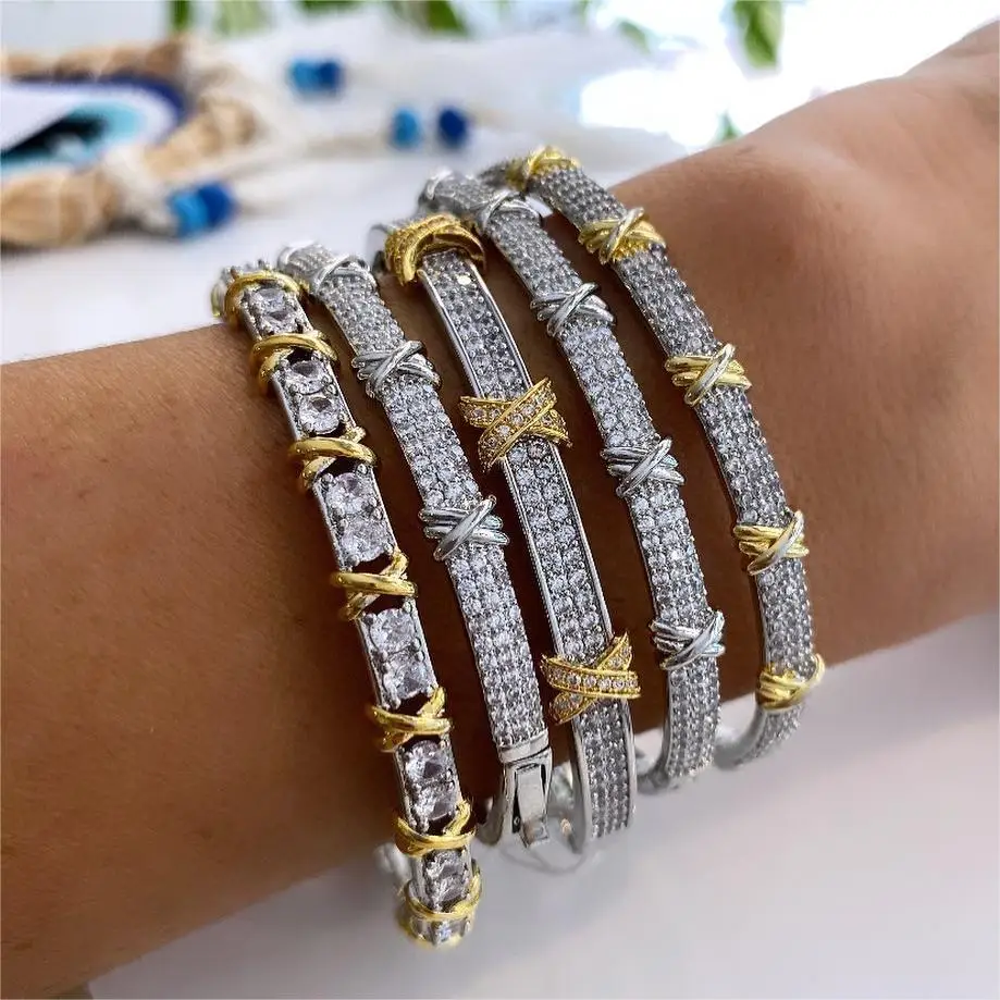 

Iced Out Gold Plated Friendship Bracelet Cubic Zirconia XO Bangle Icy Two-tone Diamond Cuff Bangle Bracelet For Women
