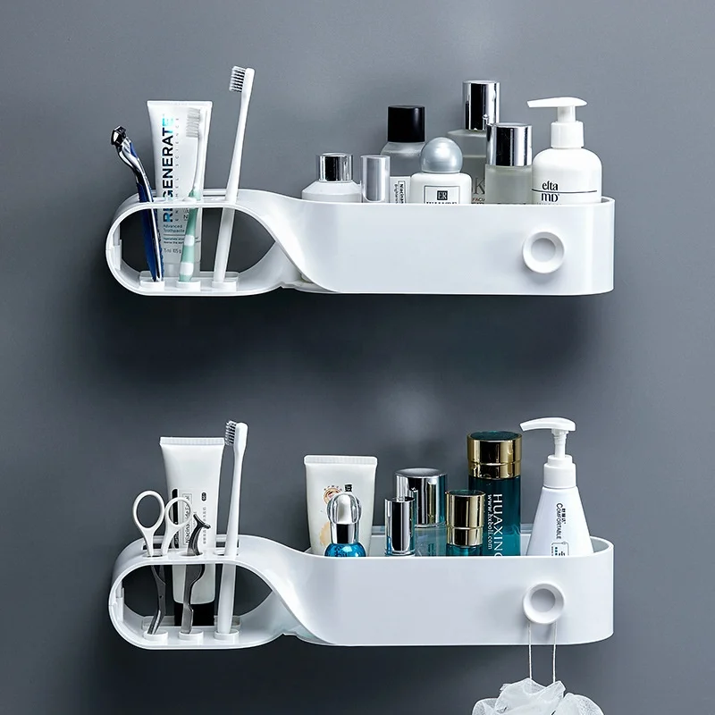 

Free Punch Bathroom Shelves Shelf With Hook Bathroom Accessories Shampoo Shower Shelf Holder Storage Rack Organizer, White