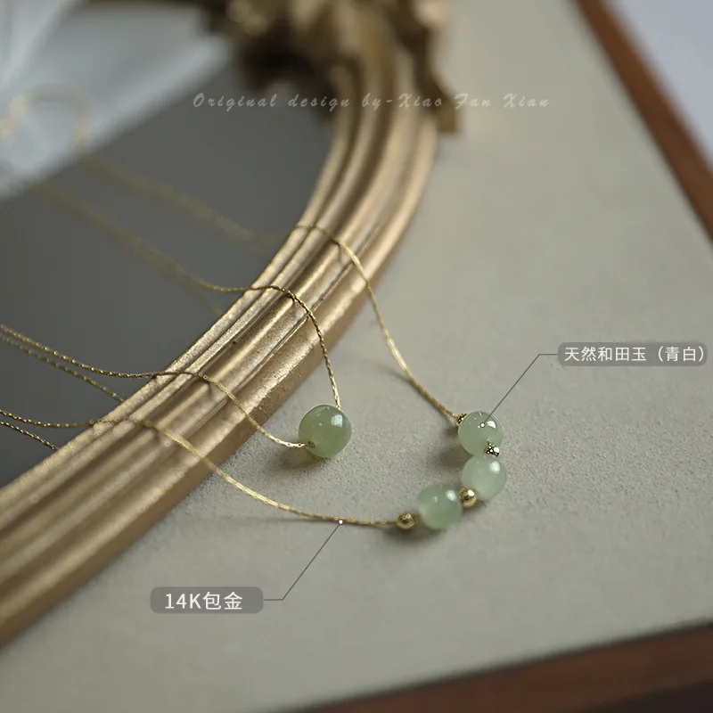 

Wholesale 14K Gold Plated He tian Jade Pendant Necklace Ancient Silver Inlaid White Jade Jewelry For Women Or Girls
