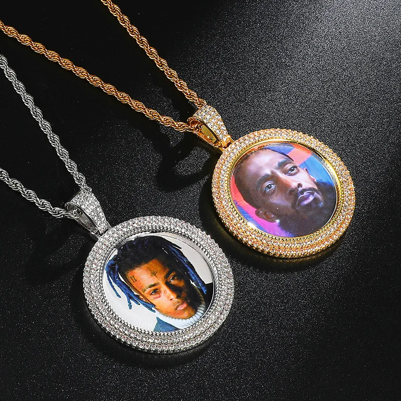 

Hiphop Necklaces For Women Man Bronze Round all diamond crystal Friend family Photo punk Frame Locket Pendant Chain Necklace, Gold