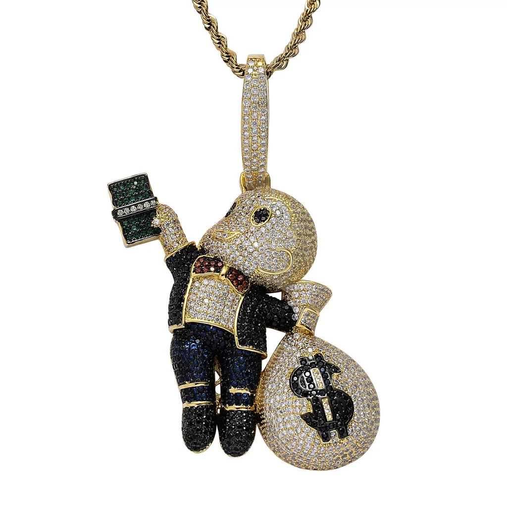 

Hiphop 14K Gold Plated Cartoon Dollar Money Bag Pendant Necklace Micro Paved Zircon Bling Boy Necklace Iced Out Jewelry, White gold, gold