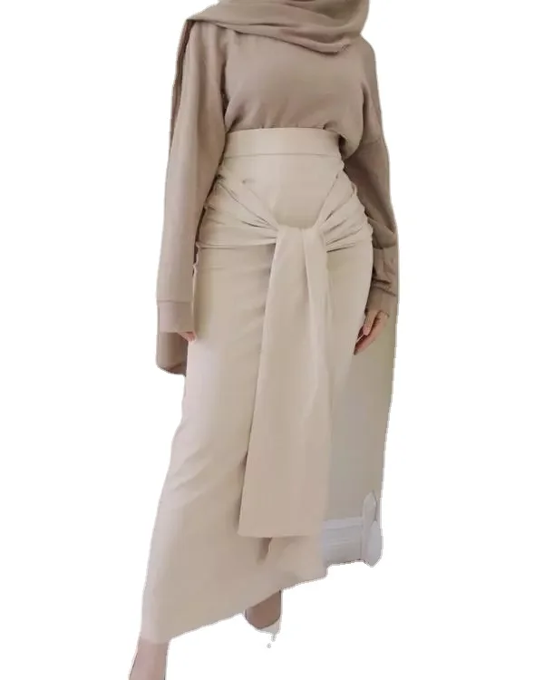 

Latest Women Fashion Beige Sexy Girl Skirt Long Skirt with Belt for Muslim Women