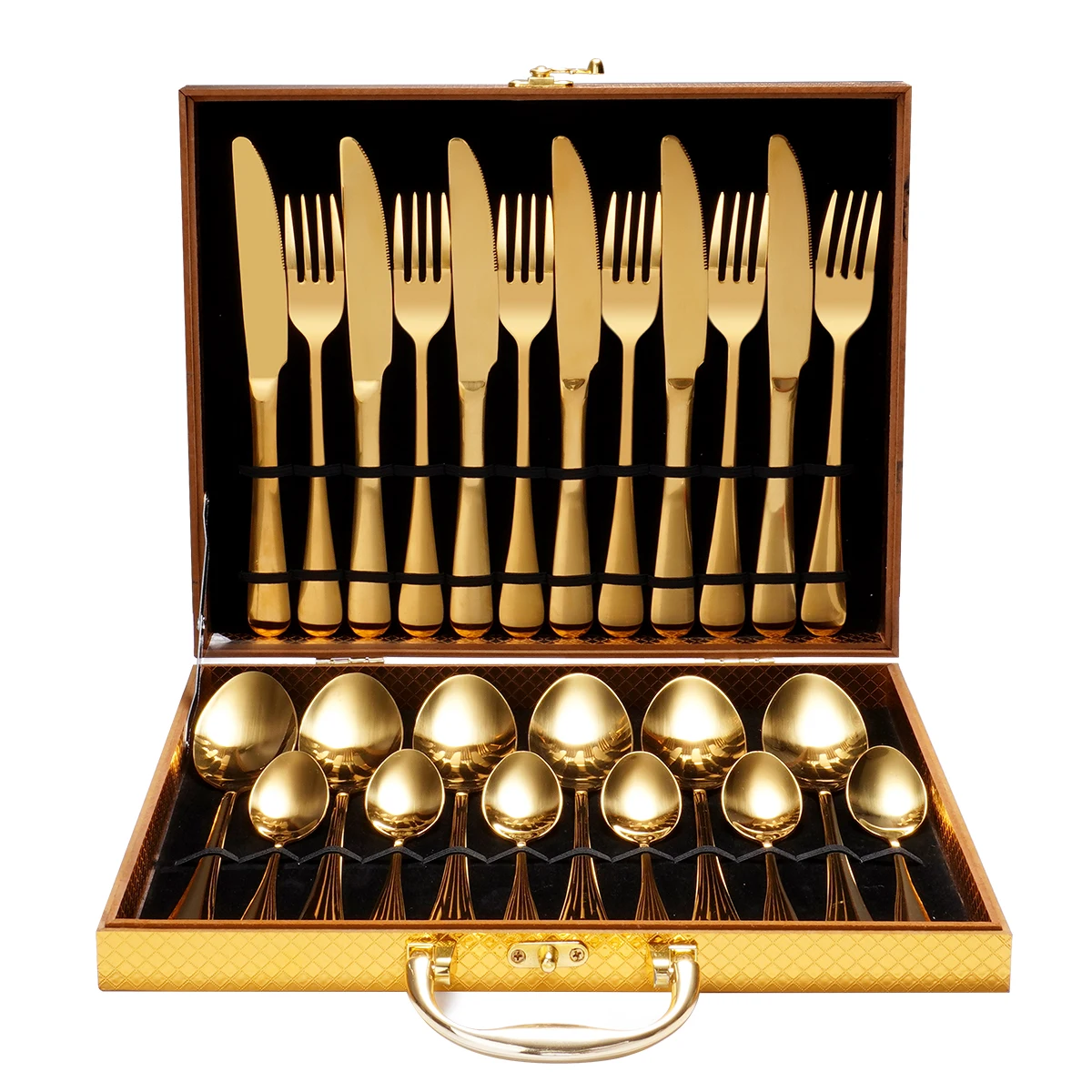 

24pcs Stainless Steel Flatware Gift With Box Reusable Wedding Gift Spoon Fork Luxury Black Silverware Gold Cutlery Set, Silver, gold, customizable