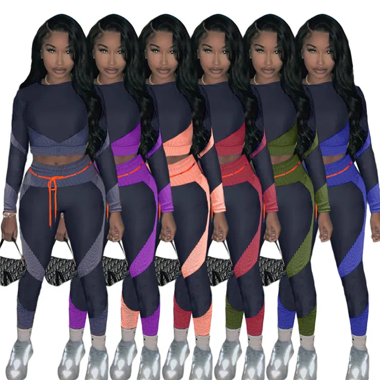 

2020 Fall Clothing Women Workout Two Piece Set Matching Colors Fitness Sportswear Leggings 2 Piece Set Outfit