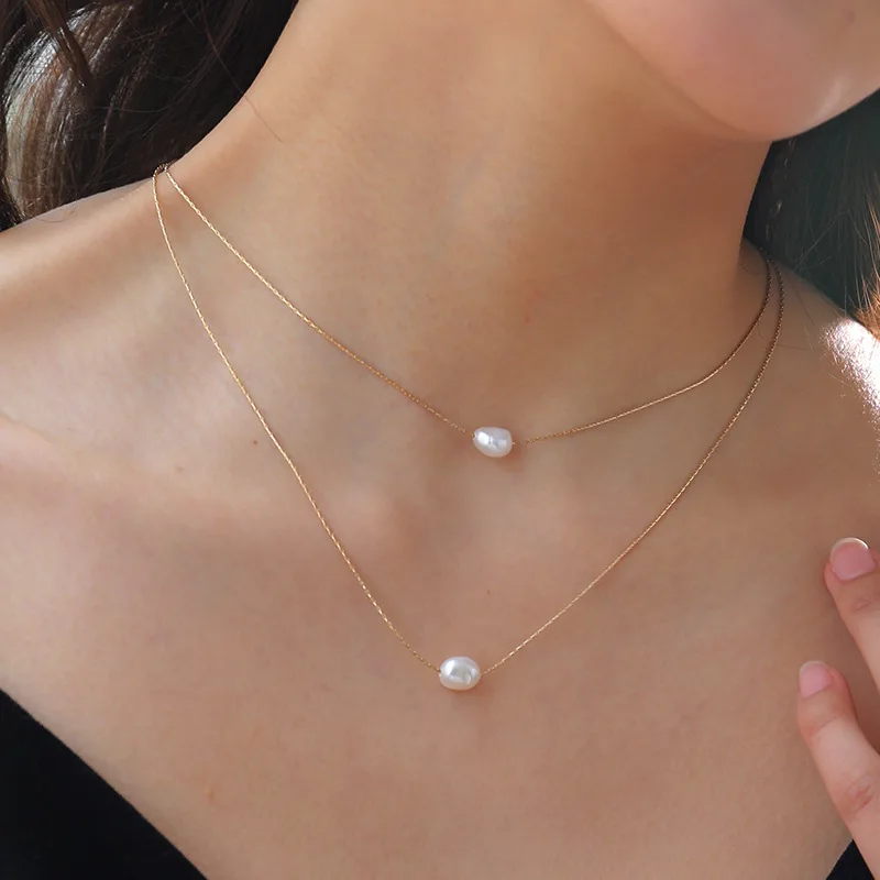 

Chic Double Layer Natural Freshwater Pearl Clavicle Necklace Gold Plated Multilayer Baroque Pearl Necklace, As picture show