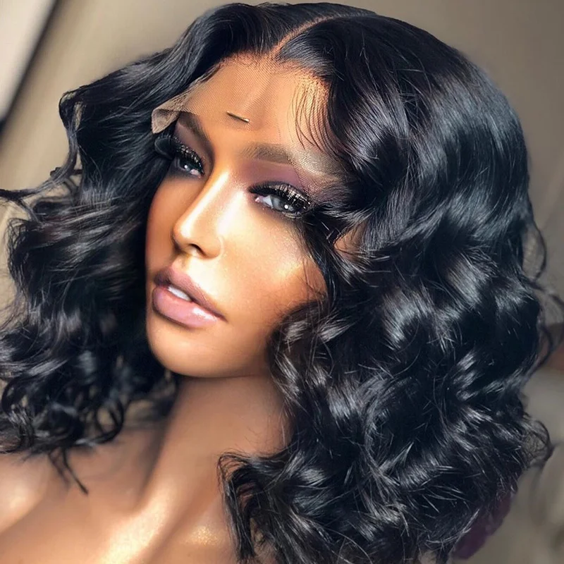 

Wholesale 14inch Loose Wave Natural Black Lace Front Wig 100% Virgin Brazilian Human Hair Wigs For Black Women