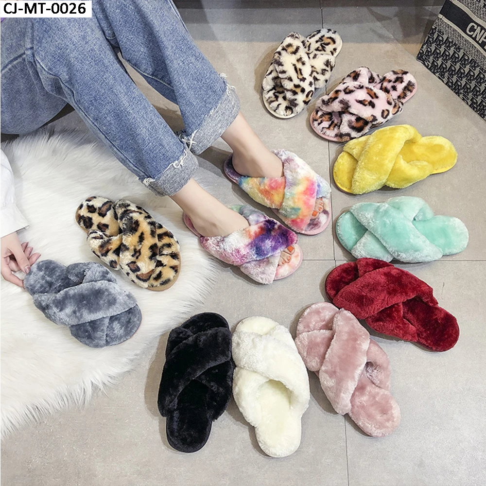 

Superstarer Women's Faux Fur Open Toe Cross Indoor Fur Slippers