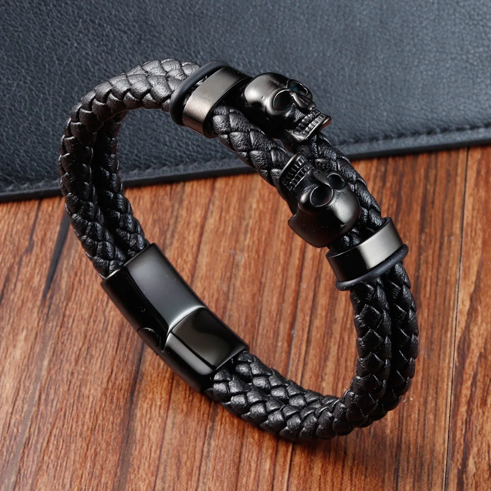 

Genuine Leather Bracelet OEM Customized Stainless Steel Magnetic Clasp Skull Hand Strap Men's Ghost Bracelet Wristband Jewellery