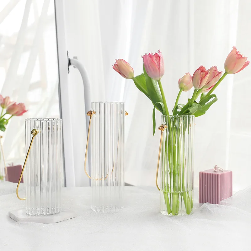 

Multiple Sizes Nordic Modern Metal Portable Striped Transparent Glass Vase Texture Floral Arrangement Hydroponic Home Deco