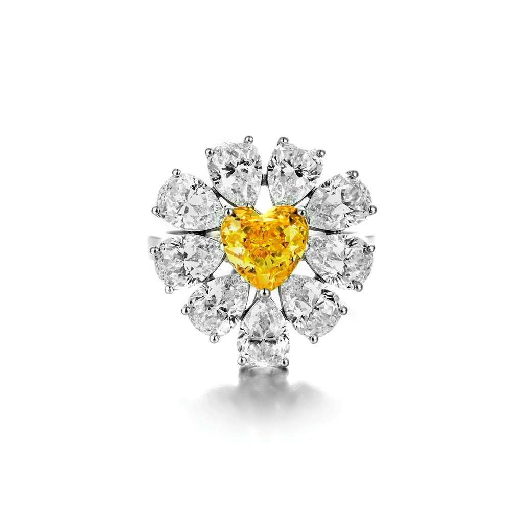 GEMS LADY Luxury Zircon Ring Yellow Daisy Flower for Wedding Gift Party Anniversary Daily Wear