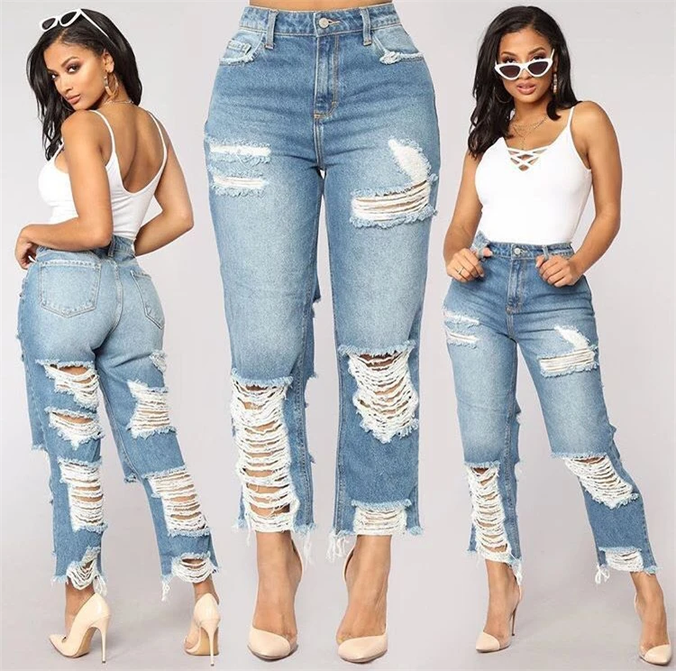 

Drop Shipping Classic Solid Color Big Ripped Loose Baggy Women Loose Jeans Women Baggy Jeans