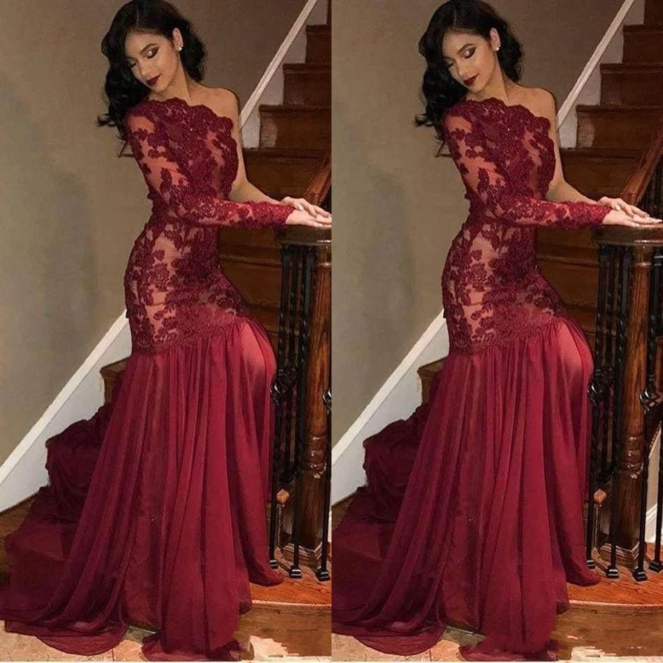 

New arrival lace embroidery evening dresses one shoulder long sleeves mermaid prom dresses for ladies, Picture