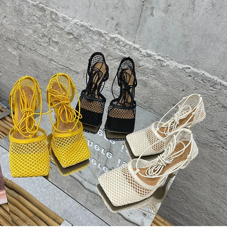 

Fashion Brand Woman Pumps Sexy Hollow Mesh Summer Sandals High Heels Square Toe Ankle Lace-Up Women Sandals, Mixed