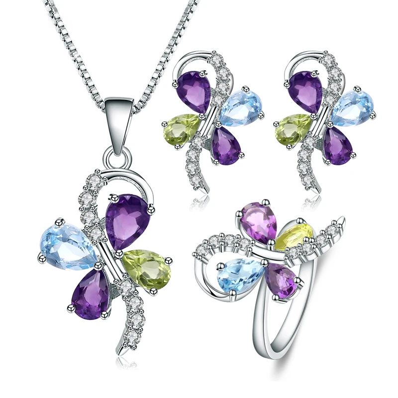 

2022 Abiding Peridot Amethyst Sky Blue Topaz Mix Stone 925 Sterling Silver Multi Color Butterfly Jewelry Set For Women