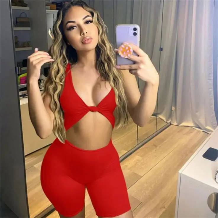 

MISS Hot Selling 2021 Summer Women Sexy Sleeveless Low Cut Knotted Sports Slim Casual Bodycon Jumpsuits