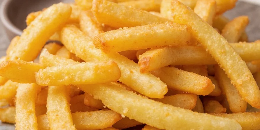 Various spice jars arranged next to a bowl of fries