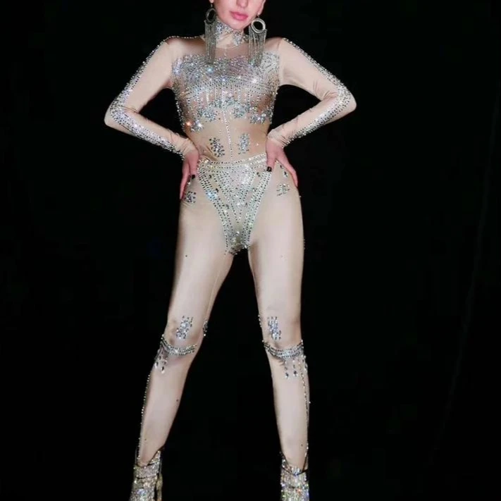 

Nude Women Jumpsuit Performance Party Celebrate Rhinestone Costume Stage Singer Dancer Crystal Jumpsuit Long Sleeve