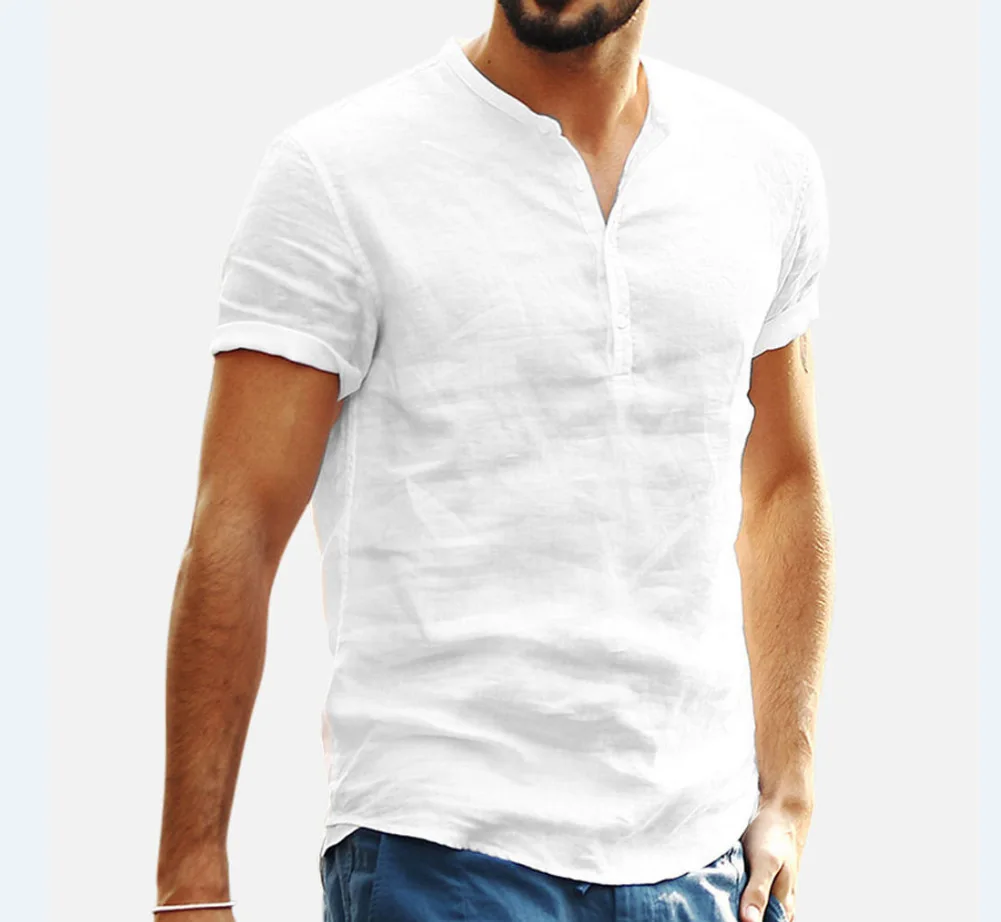 

Explosion style European and American men's stand-up collar short sleeve linen shirt