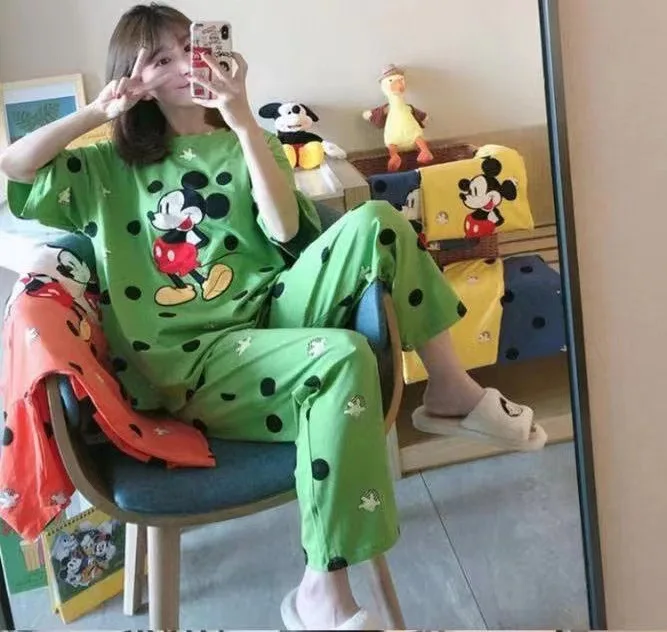 

2PSC Cartoon Printed Pajamas Cute Dot Plaid Loose Short Sleeve Trousers Sleep Suits Round Women Pajama Sets, Picture shows