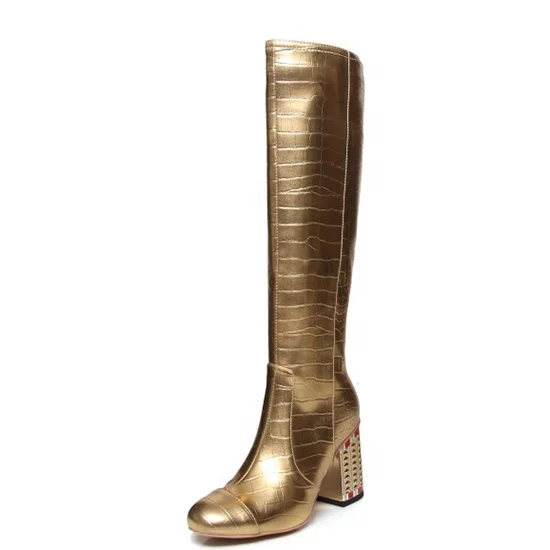 

Luxurious Women Knee High Gold Boots Chunky Heel Knight Boots Long Square toe Delicate Heels Boots for Lady Shoes, Gold white