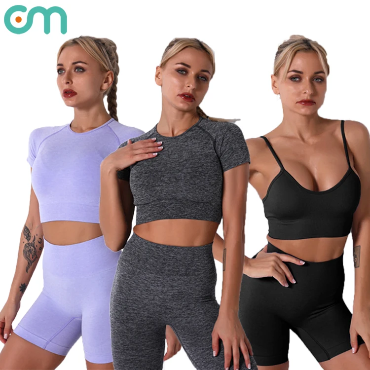 

Womens leggings yoga gym fitness sports bra short pant crop top shirt custom tracksuit sportswear set manufacturer, Multi colors