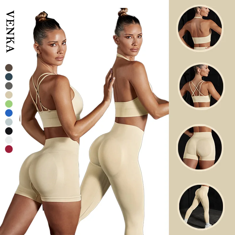 

Euramerican Sports Set Women Peach Butt Gym Fitness Seamless High Waist Pants Crossed Back Halter Gathered Bra 2 Pieces Yoga Set