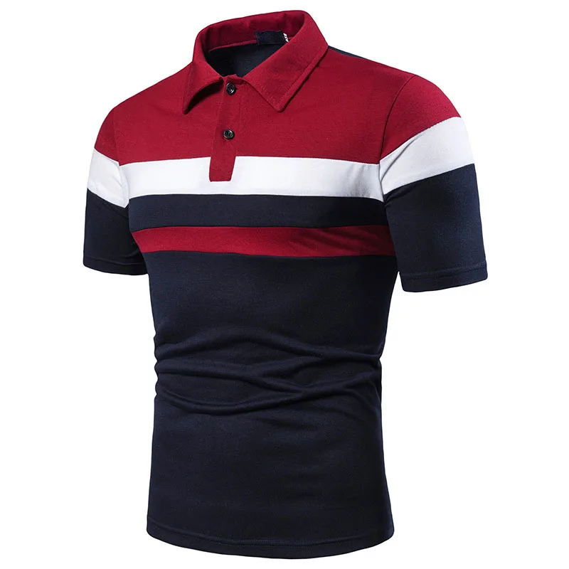 

Man's Casual Short Sleeves Summer Tops Turn Down Color Polo Shirts Striped Polos Color Block Shirt