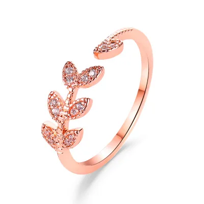 

R-032 Hot Sale Beautiful Simple Leaves Zircon Rings  High Quality Open Circle Female Ring, Silver,rose gold