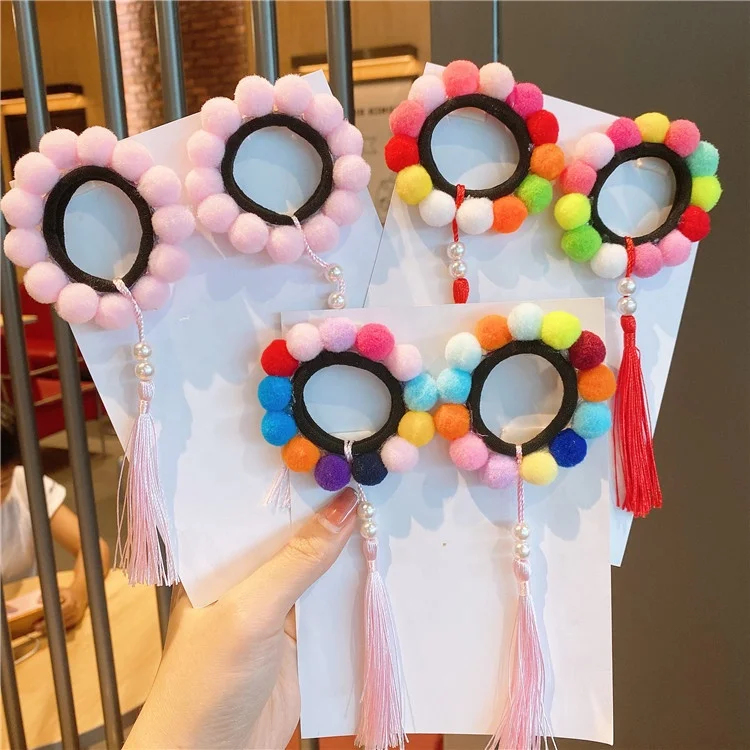

New colorful balls hair rope kids lovely elastic hair band with tassel