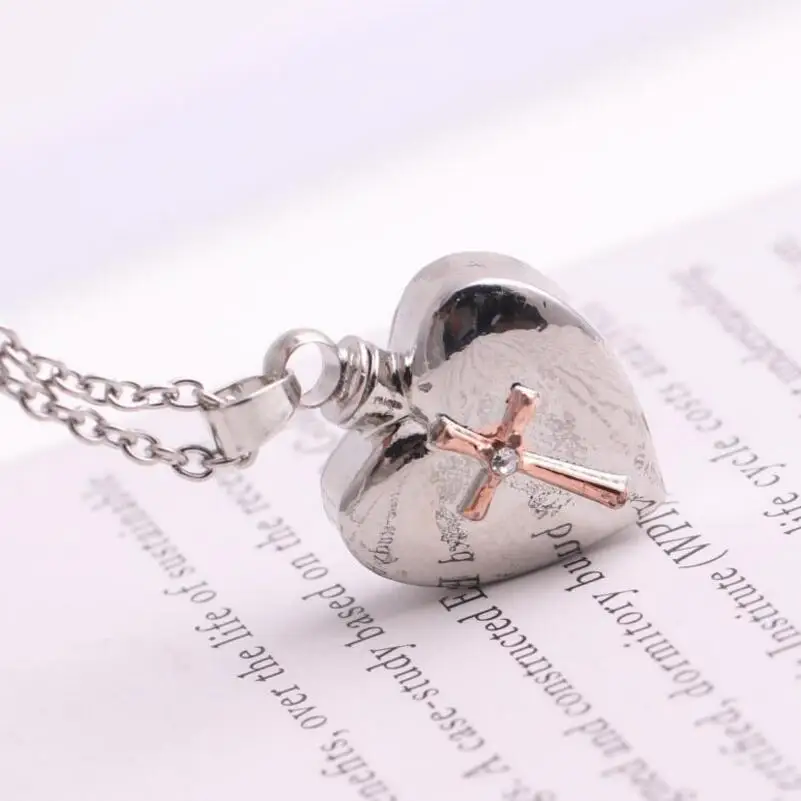

Cross Hot Sale New Arrival Memorial Keepsake Cremation Jewelry Exquisite Heart Zircon Urn Pendant Necklace, Silver