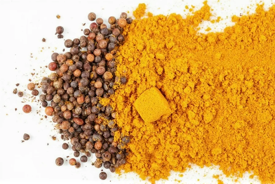 Close-up of golden turmeric powder next to black peppercorns on wooden surface showing the natural pairing of these spices