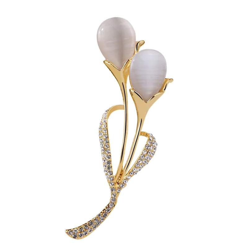 

Fashion Korean Tulips Channel Brooches 24K Gold Plated Gemstone Women Brooch Pins Girls